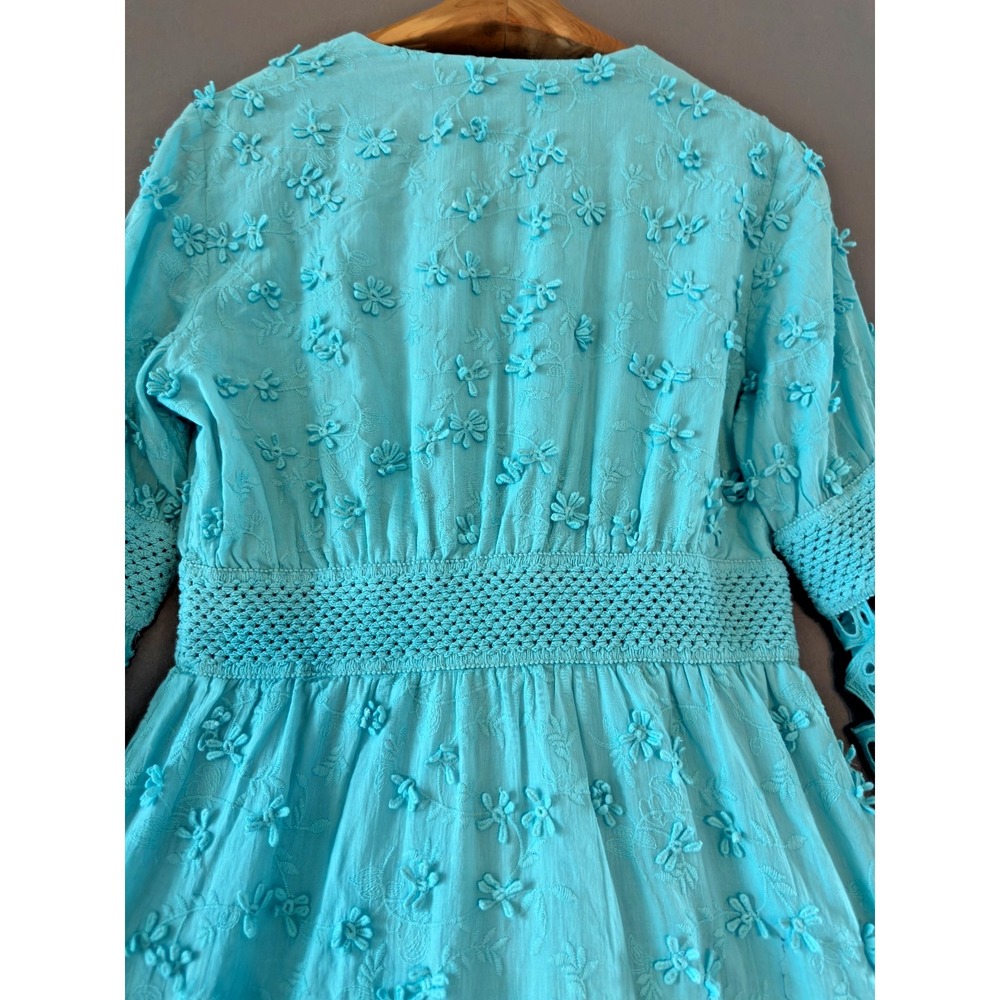 Boston Proper Embroidered Crochet Babydoll Dress XS Blue Boho Bishop Sleeve - Picture 5 of 12